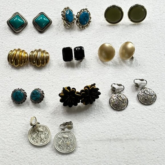 Vintage Earrings Set of 10 Clip-On Screw On Turquoise  gold silver cloth designs - Picture 1 of 16